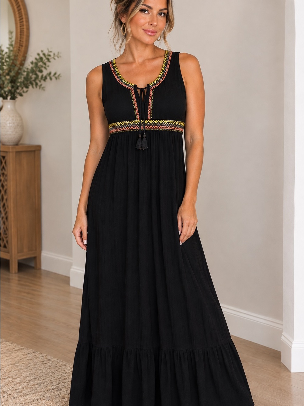 Spense Black Sleeveless Maxi Dress with Multicolor Embroidered Trim